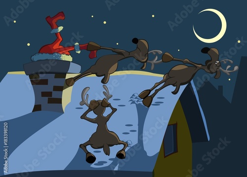 deer pull out Santa Claus from the chimney