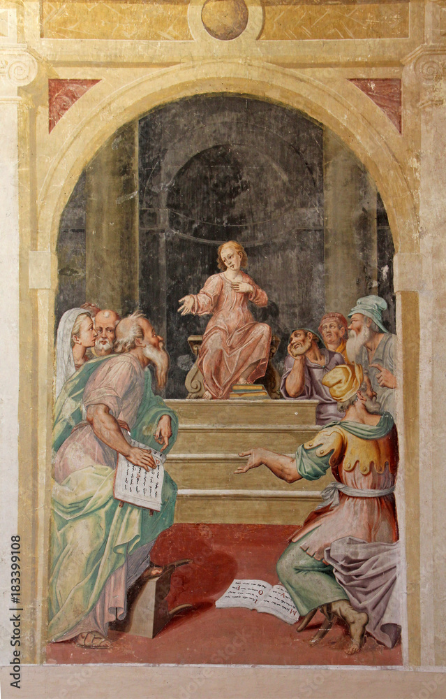 Obraz premium Gesù tra i dottori del tempio; affresco nella chiesa di Santa Maria in Bressanoro, presso Castelleone (Cremona)