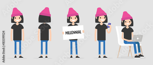 Female millennial character in various poses: front and back view, holding a sign, checking the phone, working on a laptop. Lifestyle. Flat editable vector illustration, clip art