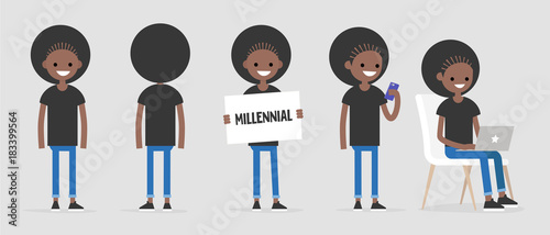 Black millennial character in various poses: front and back view, holding a sign, checking the phone, working on a laptop. Lifestyle. Flat editable vector illustration, clip art