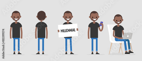 Black millennial character in various poses: front and back view, holding a sign, checking the phone, working on a laptop. Lifestyle. Flat editable vector illustration, clip art
