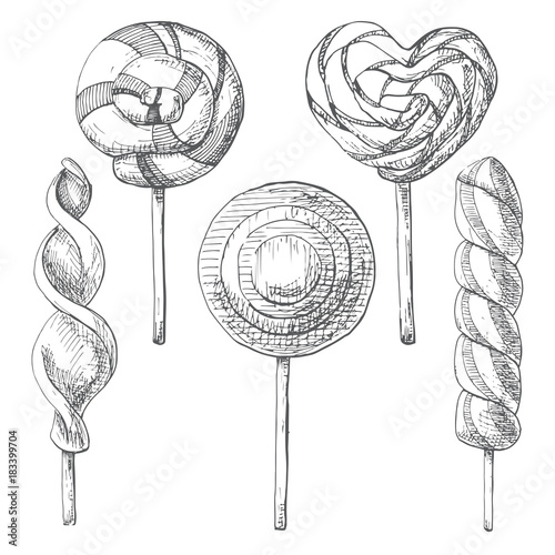 Hand drawn set of different lollipops. Vector illustration of a sketch style.