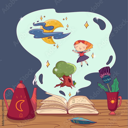 Hand drawn vector magic book, teapot, quill pen and cup with flower on wooden table. Fairy girl, oak-tree and moon with stars in fantasy cloud. Fairytale story
