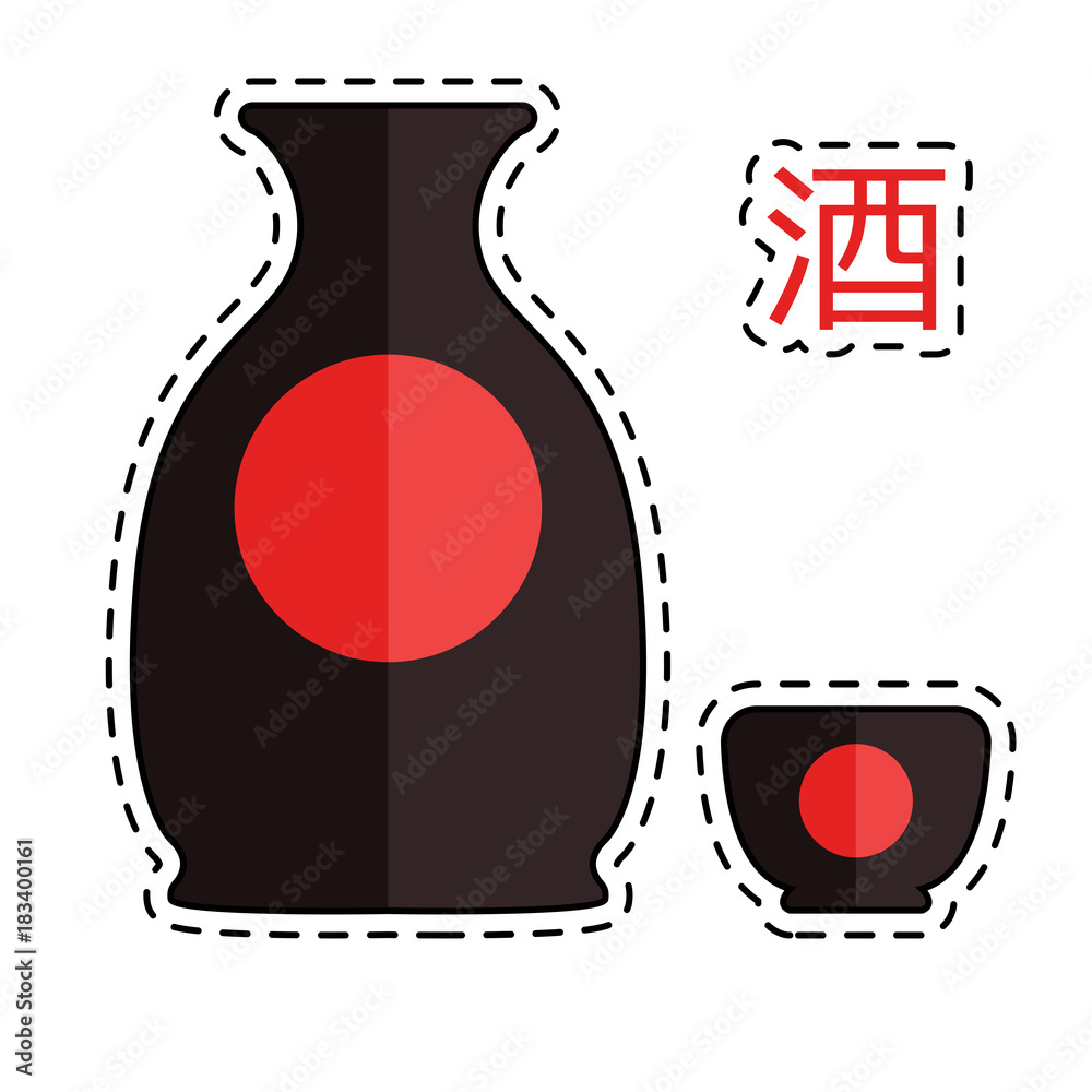 Φωτογραφία Sticker of bottle of sake, small cup of sake isolated on white background