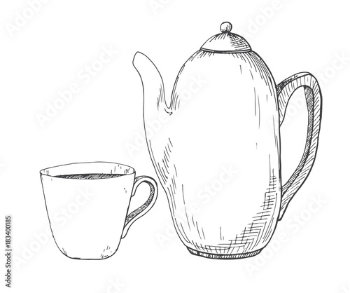 Hand drawn kettle and a mug. Vector illustration of a sketch style.