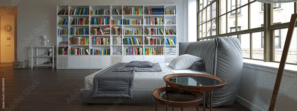 Camera da letto con libreria, illustrazione 3d, rendering Stock