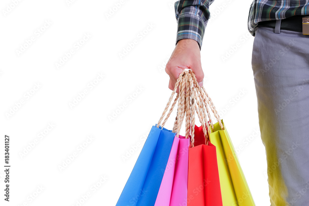man hand holding shopping bags isolated on white background