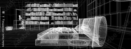 Camera da letto con libreria, illustrazione 3d, rendering photo