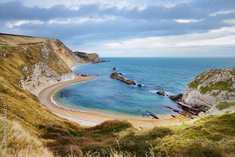 Man O'War Cove on the Dorset coast in southern England, between the headlands of Durdle Door to the west and Man O War Head to the east