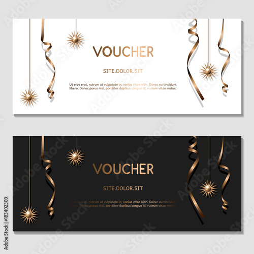 Horizontal gift golden festive design background with glitter and ribbons for invitation, voucher. For a banner, postcards. flyer, label, certificate, company card. Vector.