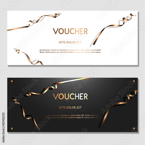 Horizontal gift golden festive design background with glitter and ribbons for invitation, voucher. For a banner, postcards. flyer, label, certificate, company card. Vector.