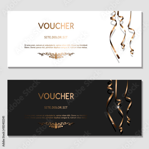 Horizontal gift golden festive design background with glitter and ribbons for invitation, voucher. For a banner, postcards. flyer, label, certificate, company card. Vector.