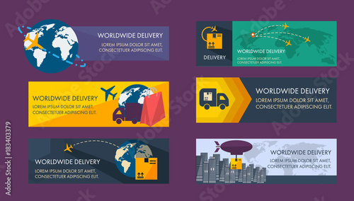 Set of banners for logistics. The delivery is all over the world. on banners depict a globe plane van that deliver boxes