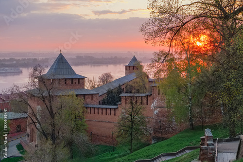 Fortress Kremlin in the Russian city of Nizhny Novgorod in the early spring morning at dawn against the background of the Volga River