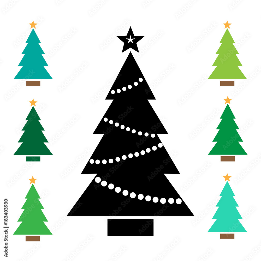 Black Christmas tree icon with star and garland. Colorful set additional versions icons. Vector illustration Black Christmas tree icon with star and garland. Colorful set additional versions icons. Vector illustration