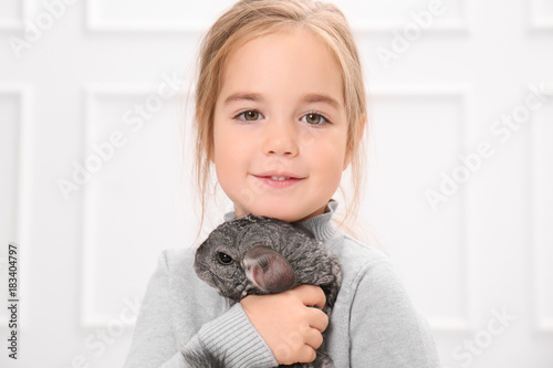 Cute girl with funny chinchilla, indoors © Africa Studio