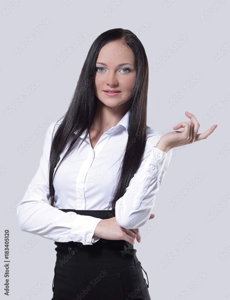 business woman with finger point up posing on white background business woman with finger point up posing on white background