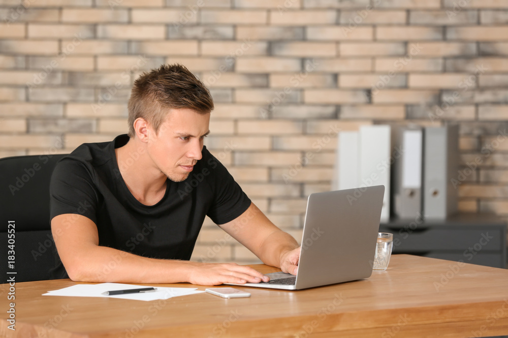 Handsome man with laptop in office Handsome man with laptop in office