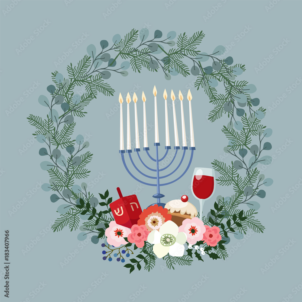 Fototapeta premium Happy Hanukkah greeting card, invitation with hand drawn candleholder, dreidle, donut and floral wreath. Vector illustration for Jewish Festival of light.