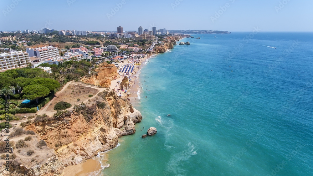 Aerial. Tourist beaches of the Portuguese city of Portimao. Shooted by drones