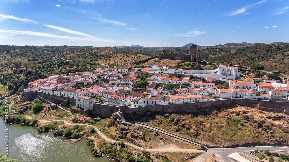 Aerial. The village of M rtola filmed with drone sky. Portugal Alentejo Guadiana