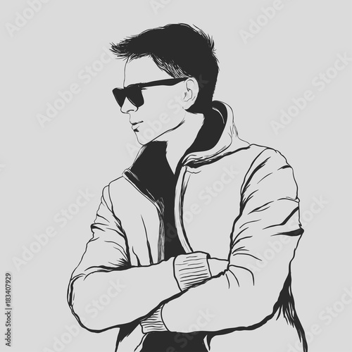 Handsome young adult man in sunglasses. Hand drawing vector illustration silhouette style . Man with crossed arms