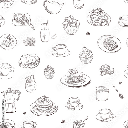 Seamless background Hand drawn coffee, tea, sweets pattern. Illustration delicious elements. Breakfast Food Drinks Cake