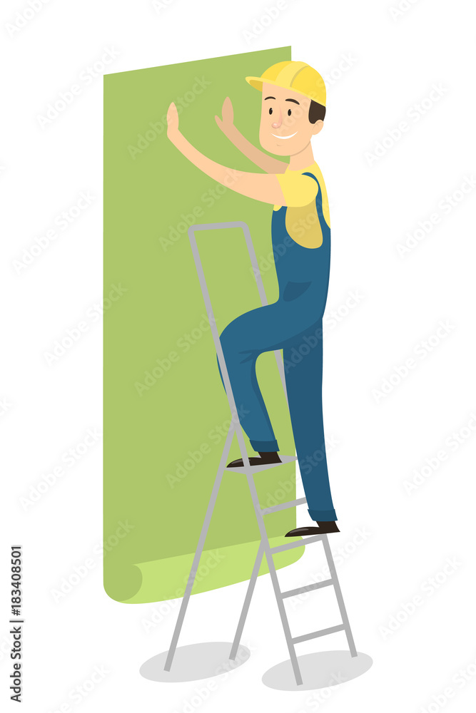 Worker gluing wallpapers. Worker gluing wallpapers.