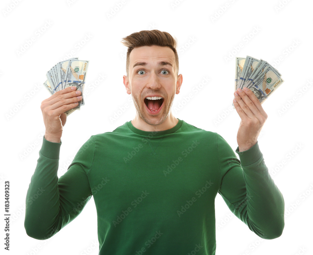 Happy young man with banknotes on white background Happy young man with banknotes on white background