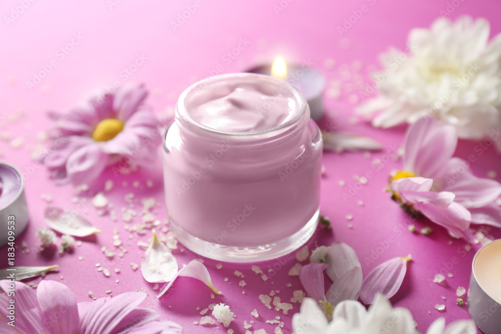 Beautiful composition with jar of body cream on color background Beautiful composition with jar of body cream on color background