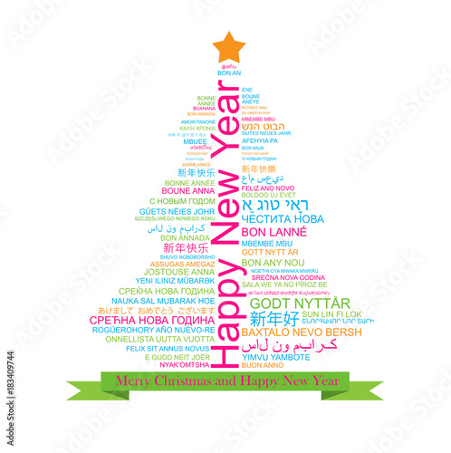 Happy New Year in different languages in the shape of Christmas three, celebration word tag cloud greeting card, vector art