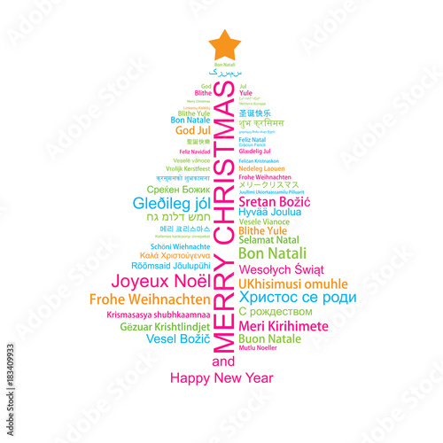 Merry Christmas and Happy New Year in different languages in the shape of Christmas three, celebration word tag cloud greeting card, vector art