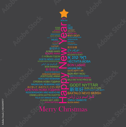 Happy New Year in different languages in the shape of Christmas three, celebration word tag cloud greeting card, vector art