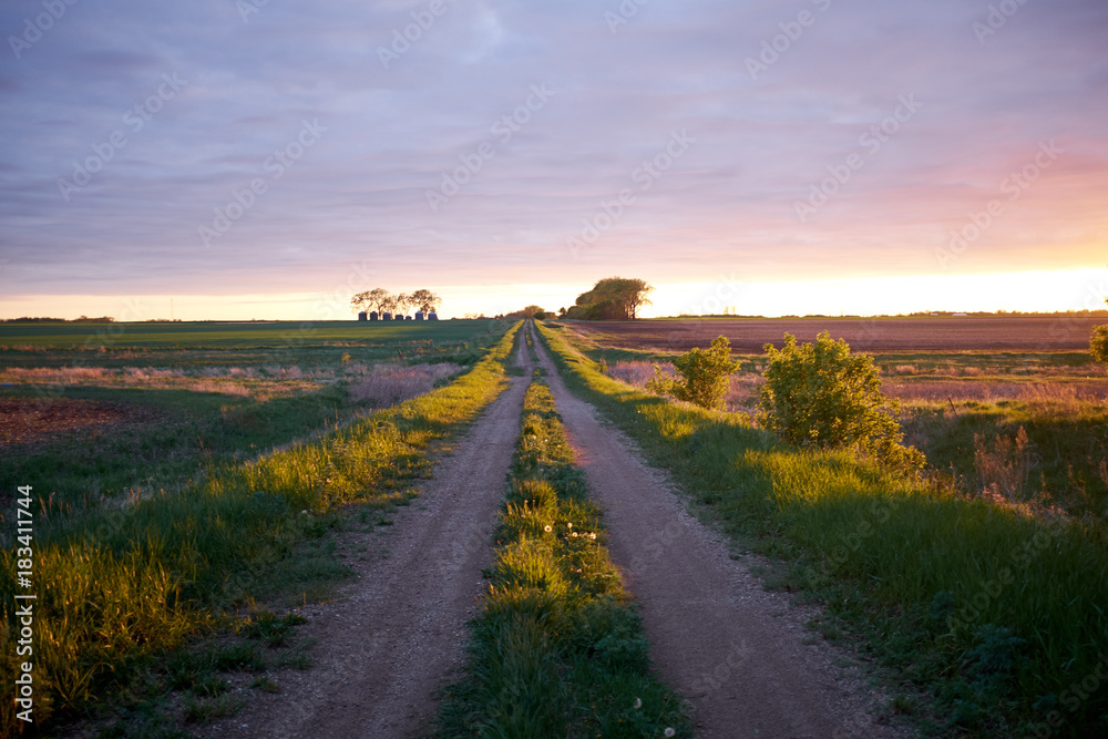 Fototapeta premium Idyllic rural scene with a country road at sunset
