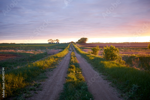 Idyllic rural scene with a country road at sunset