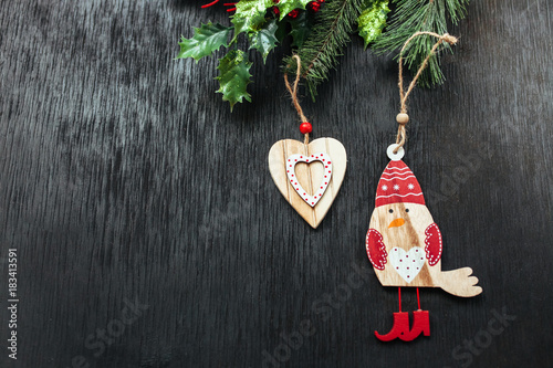 fir and Rowan. Black background. Christmas background. Beautiful photo