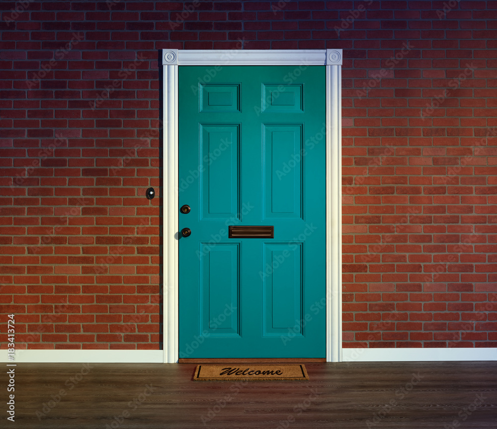 Bright blue front door and welcome mat with wood porch floor. Bright blue front door and welcome mat with wood porch floor.