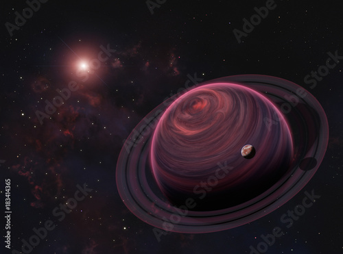 Alien Gas Giant Planet with Rings and Red Moon on Nebula Background. Elements of this image furnished by NASA.