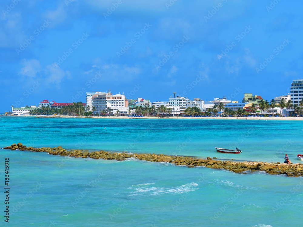 San Andres Island landscape with palm trees on the beach and sunny blue sky and the ocen as background