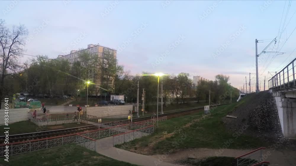 crossing railway and train at sunset timelapse crossing railway and train at sunset timelapse