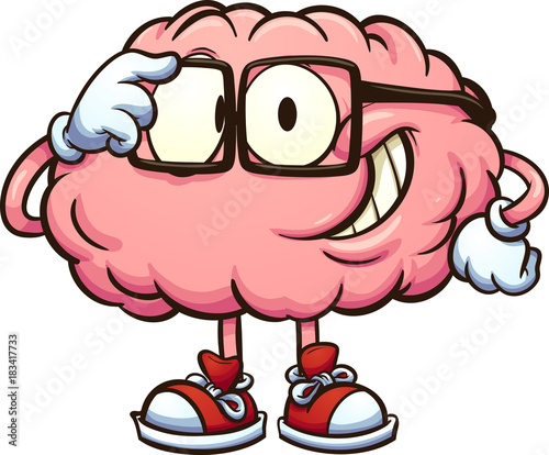 Nerdy cartoon brain adjusting glasses. Vector clip art illustration with simple gradients. All in a single layer. 