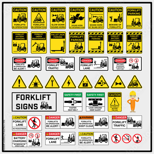 Set of safety caution signs and symbols of forklift operation, Forklift operation signs to use in supply industrial, Fork truck, Lift truck