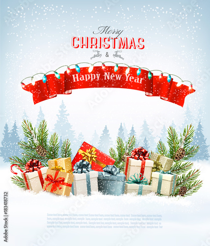 Merry Christmas Holiday Background with branches of tree and colorful gift boxes. Vector