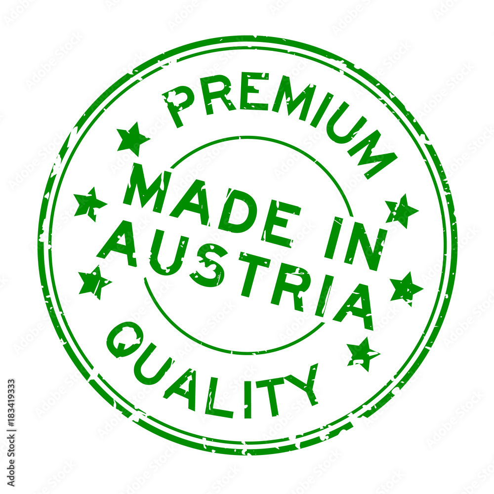 Grunge green premium quality made in Austria round rubber seal stamp on white background