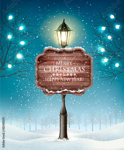 Christmas evening winter landscape with lampposts. Vector
