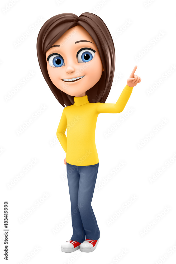Girl points a finger at the empty space on a white background. 3D rendering illustration. Girl points a finger at the empty space on a white background. 3D rendering illustration.