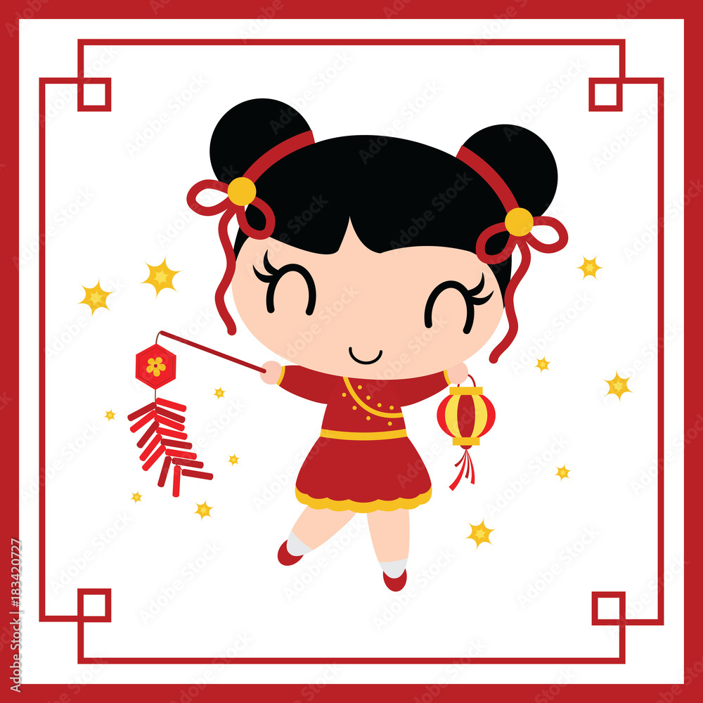 Cute Chinese girl plays firecrackers vector cartoon illustration for  Chinese New Year card design, postcard, and wallpaper Stock Vector | Adobe  Stock