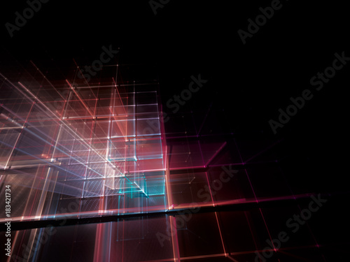 Abstract multicolor background element on black. Fractal graphics series. Three-dimensional composition of repeating grids. Information technology concept.