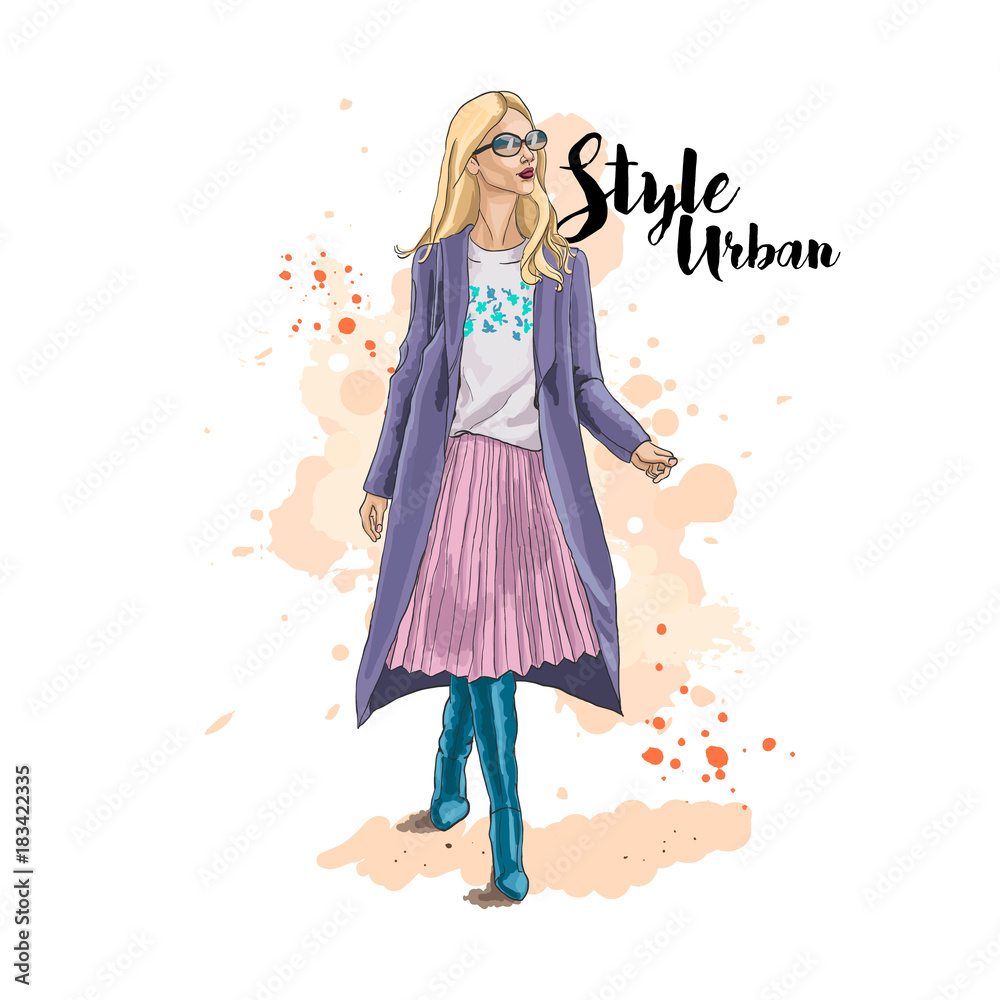 Urban style. Hand drawn sketch. Young stylish woman in the pleated skirt and coat. Vector illustration. Urban style. Hand drawn sketch. Young stylish woman in the pleated skirt and coat. Vector illustration.