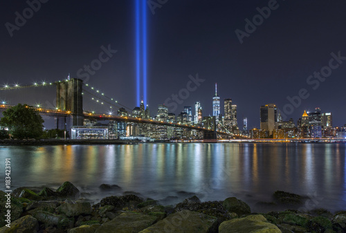 9/11 Tribute in Lights at Brooklyn Bridge and Lower Manhattan Skyline, New York United States